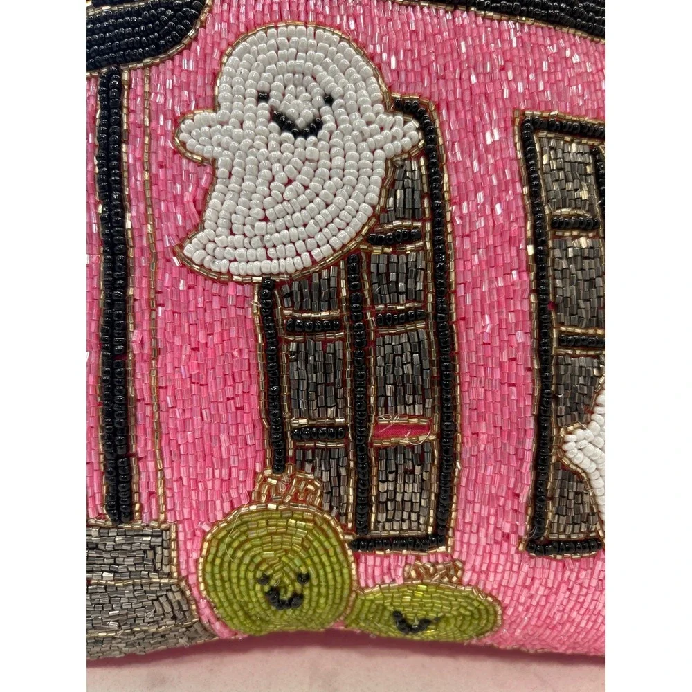 Cupcakes and Cashmere Pink Beaded Haunted House Ghost Halloween Decor Pillow